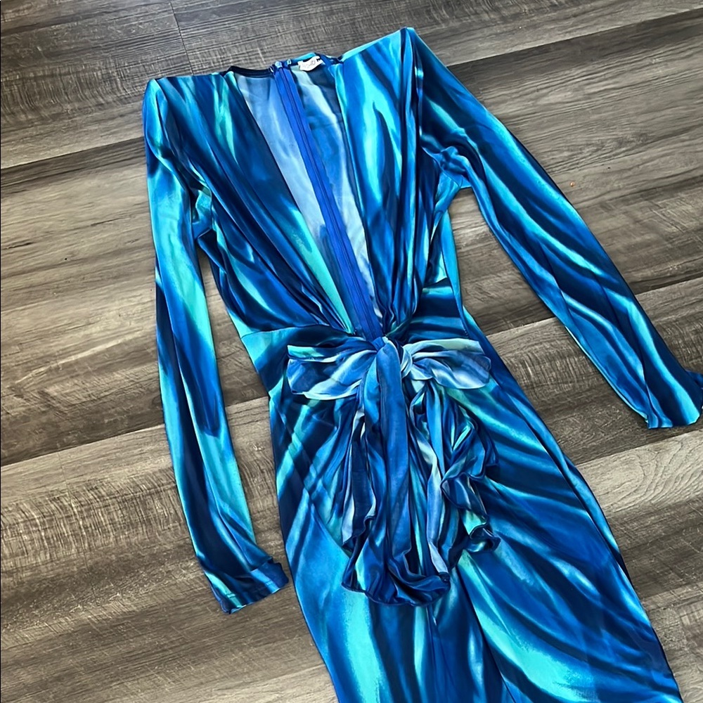 Fashion Nova Blue Long Sleeve Wrap Dress